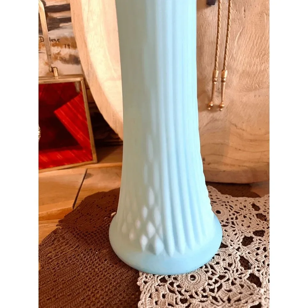 Vintage Fenton Stretch Swung Blue Satin Custard Milk Glass Diamond Pattern Vase